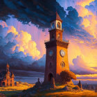 Towering clock tower in dramatic sunset sky over quaint village