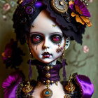 Gothic steampunk doll with large eyes, gears, Victorian attire, purple flowers