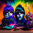 Colorful Artwork: Stylized Faces, Purple Hair, Sunglasses, Guitar, Psyched