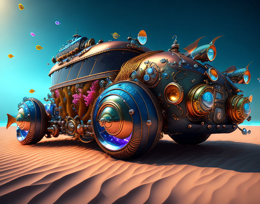 Steampunk submarine with wheels in underwater desert surrounded by colorful fish