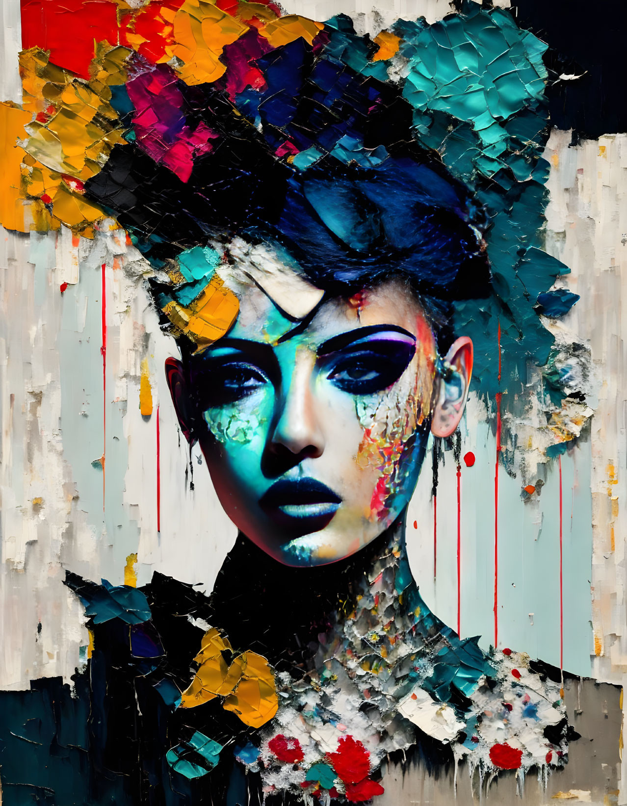 Colorful Abstract Portrait with Textured Brushstrokes on Dark Background