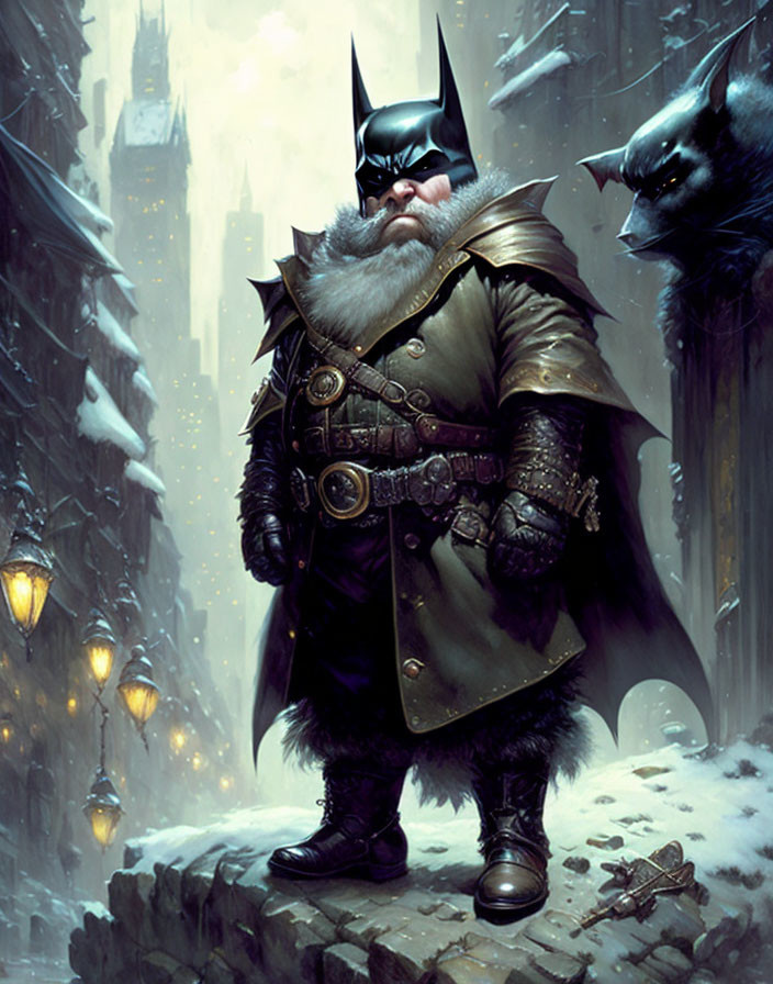 Medieval Batman with Fur-Trimmed Cloak and Armored Gauntlets