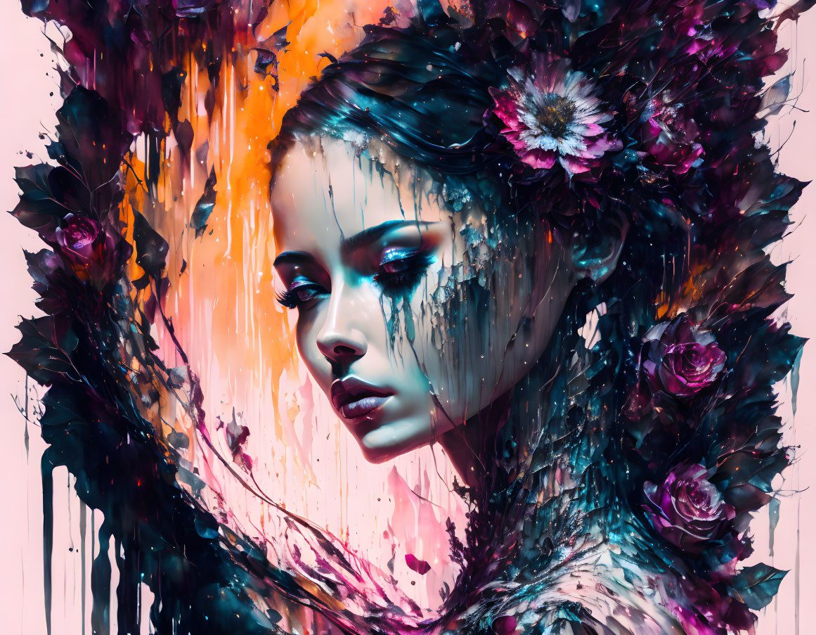 Vivid woman portrait with colorful paint strokes and floral elements