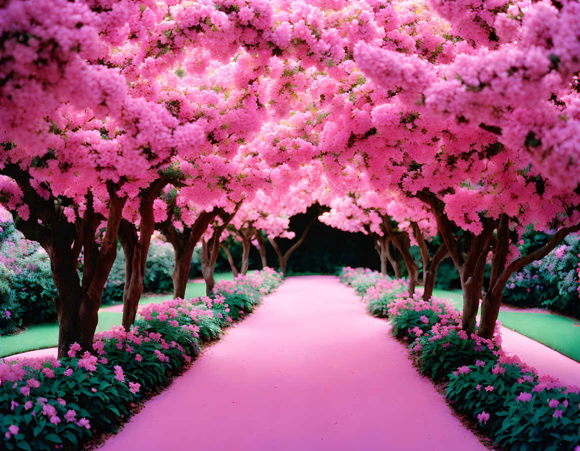 Pink Flowering Trees and Carpet-like Grass in Manicured Garden