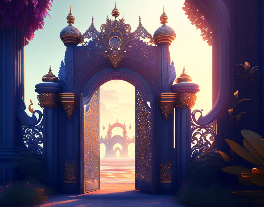 Intricate fantasy gateway with mystical purple and orange colors