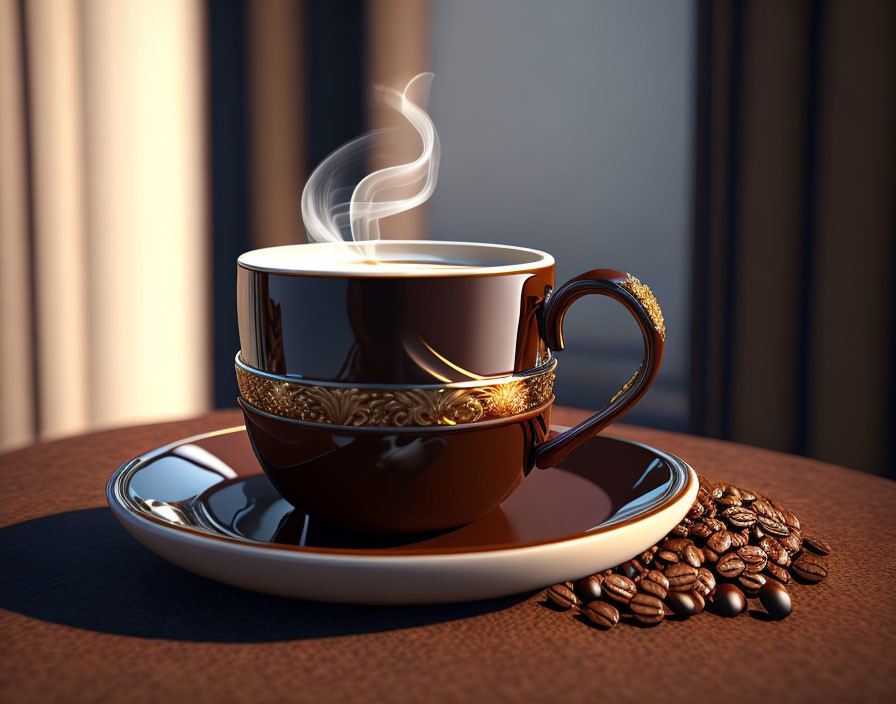 Steaming cup of coffee with gold rim and beans on saucer against warm backdrop