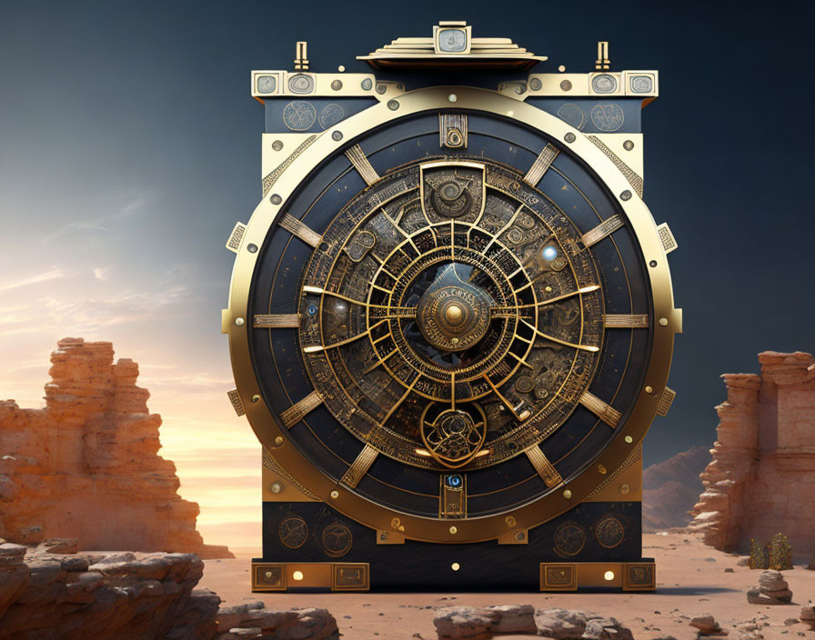 Intricate circular vault door in desert landscape