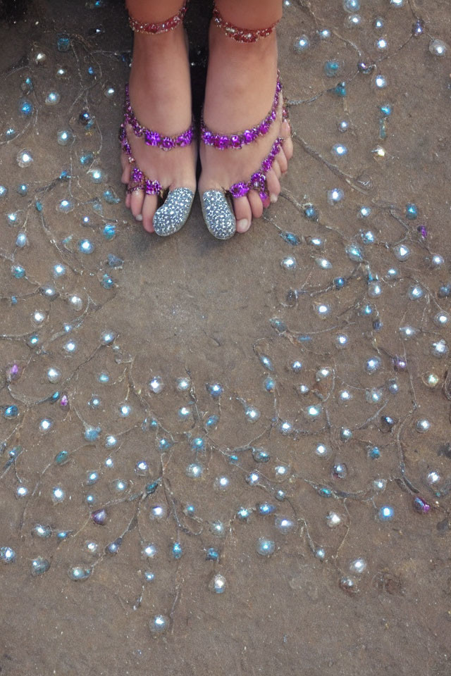 Child's Feet in Purple Anklets and Sparkly Silver Shoes Among Colorful Sequins