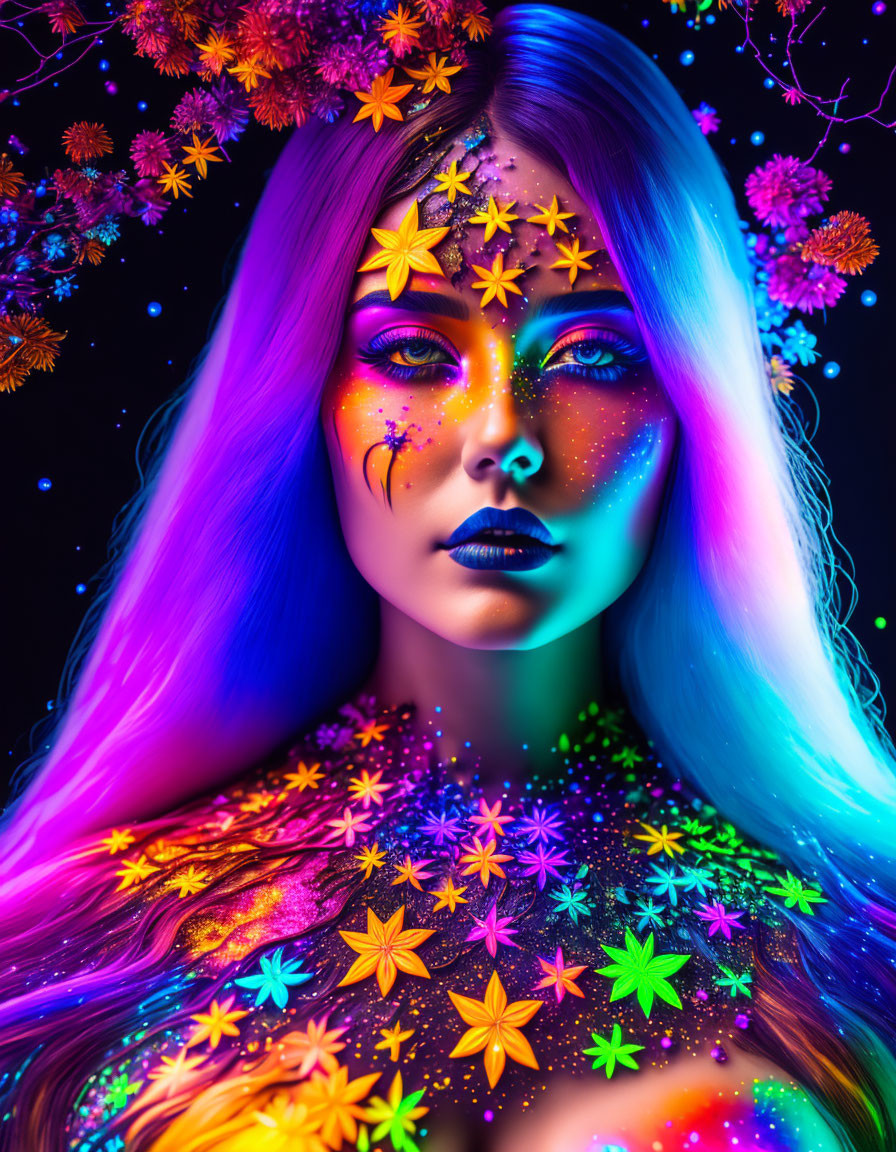 Colorful Rainbow Makeup and Hair Art with Fluorescent Flowers and Stars in UV Light