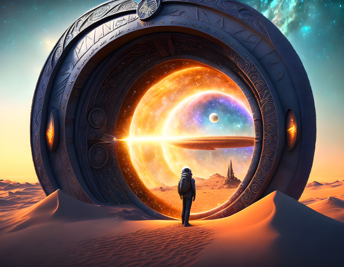 Person standing by ornate tire portal to cosmic desert scene