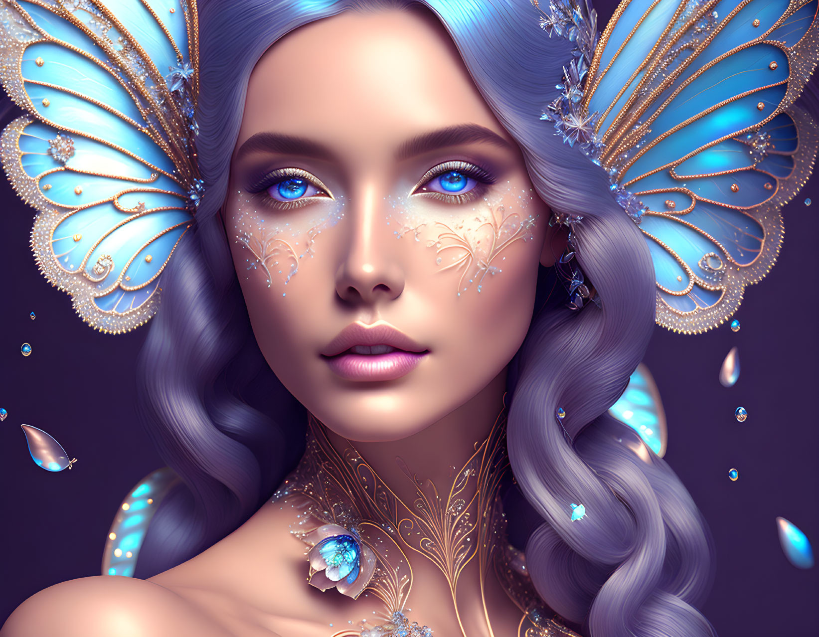 Fantasy portrait of woman with blue hair and eyes, adorned with butterfly jewelry.