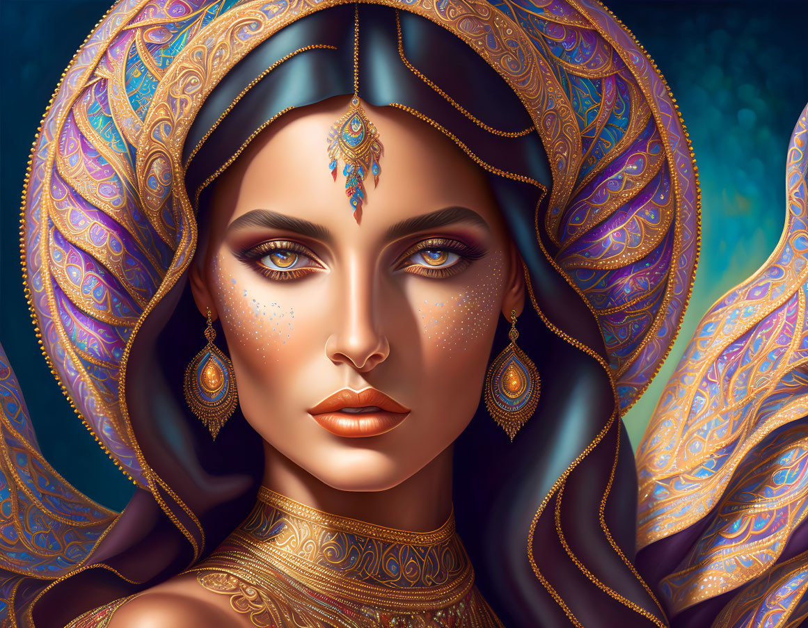 Ornate Woman Portrait with Blue and Gold Palette