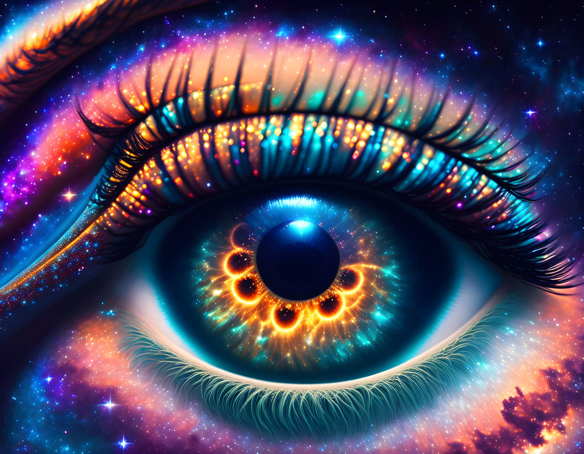 Digital artwork: Eye with cosmic background, stars, nebulas, fiery sun iris