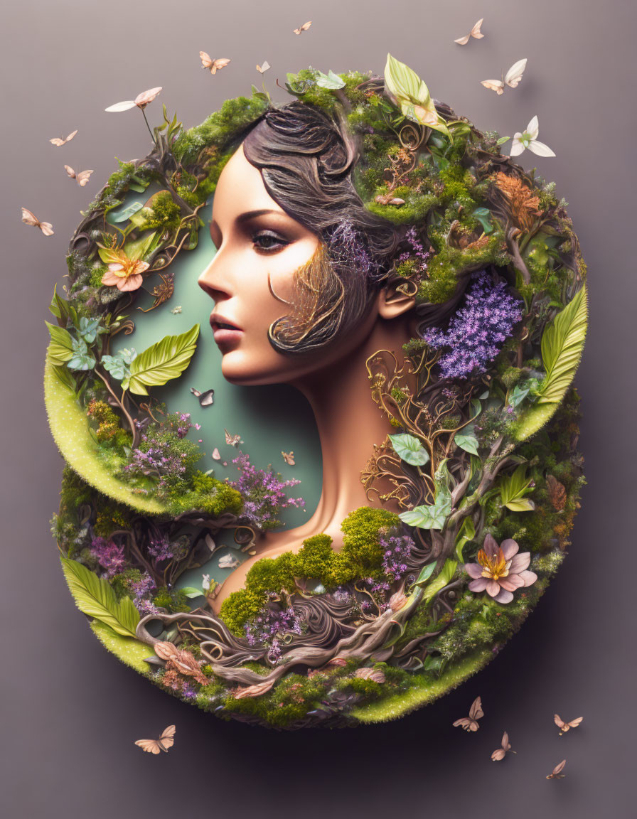 Surreal portrait of woman in verdant nature-inspired frame