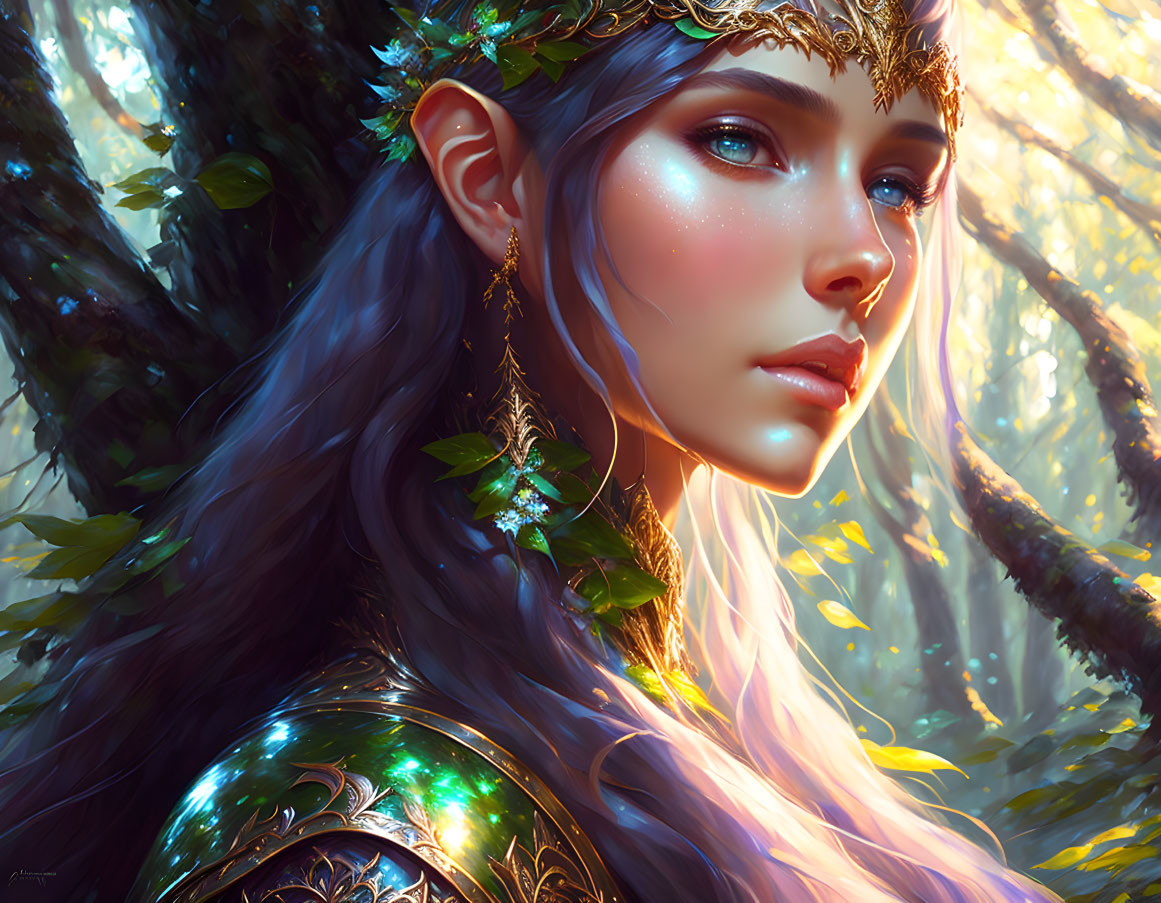 Ethereal elf with blue eyes in golden crown and armor in sunlit forest