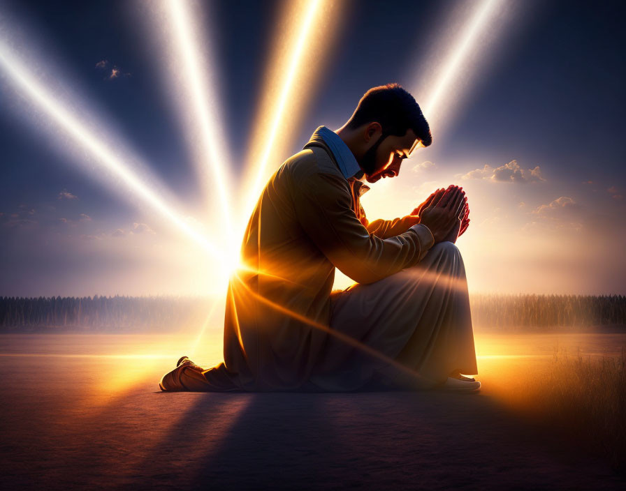 Person praying under radiant beams in twilight sky