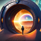 Person standing by ornate tire portal to cosmic desert scene