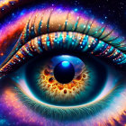 Digital artwork: Eye with cosmic background, stars, nebulas, fiery sun iris