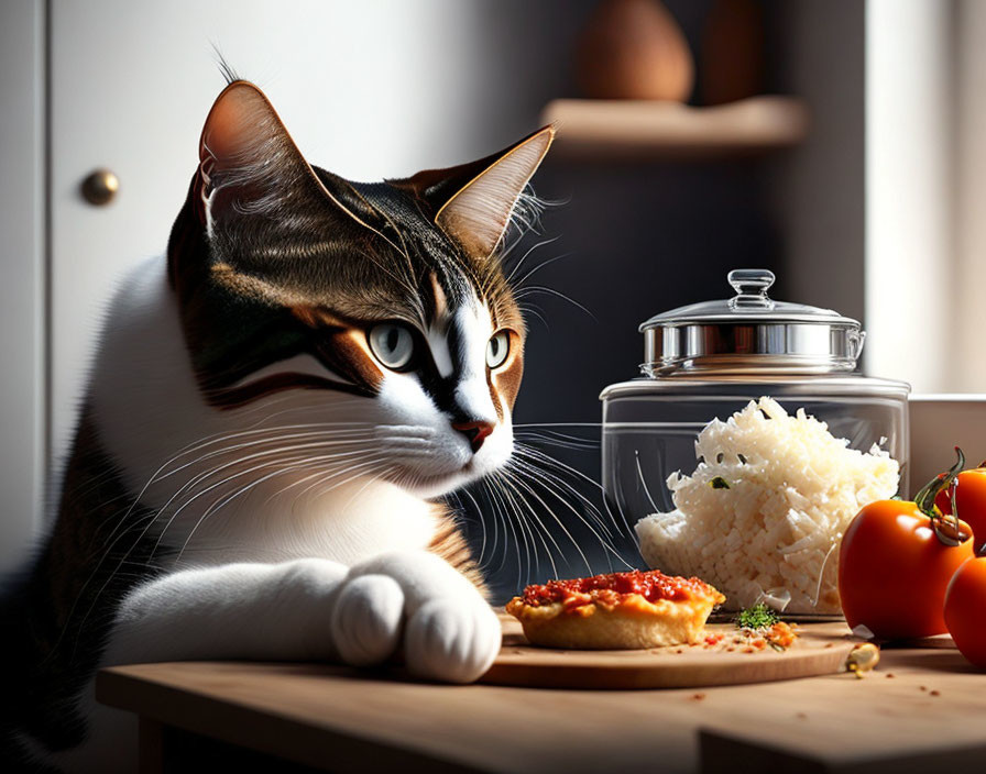 Cat on table near food plate, rice and tomato jar