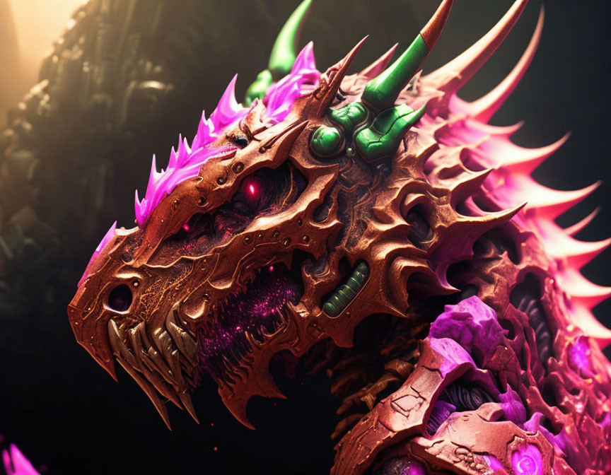 Fantastical dragon with red eyes, green horns, and purple spines on dark background