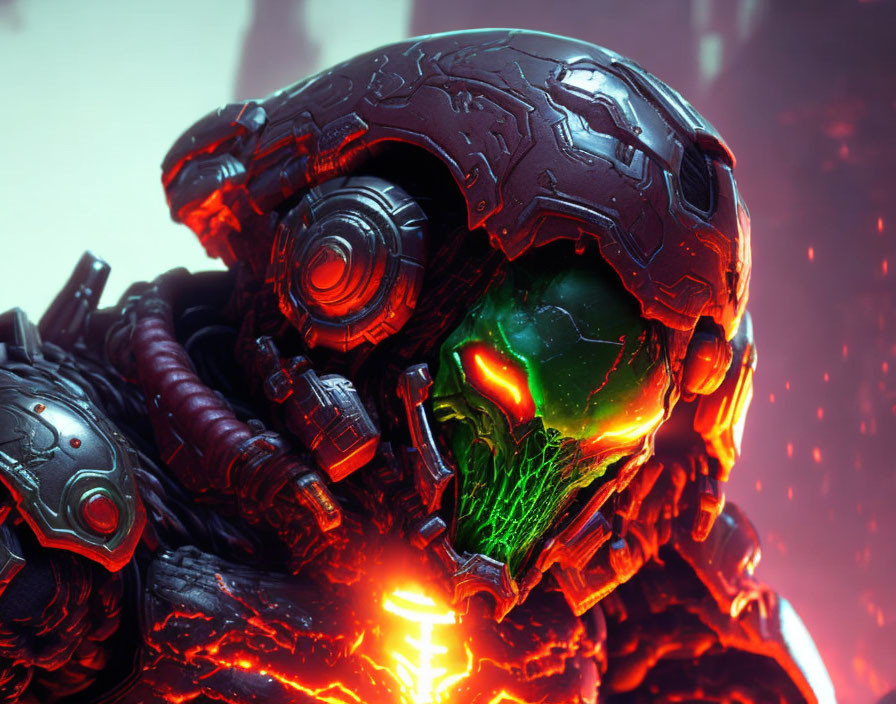 Detailed Close-Up of Futuristic Helmet with Glowing Green Visor and Red Armor