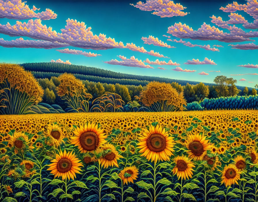 Colorful sunflower field painting with lush forest and blue sky