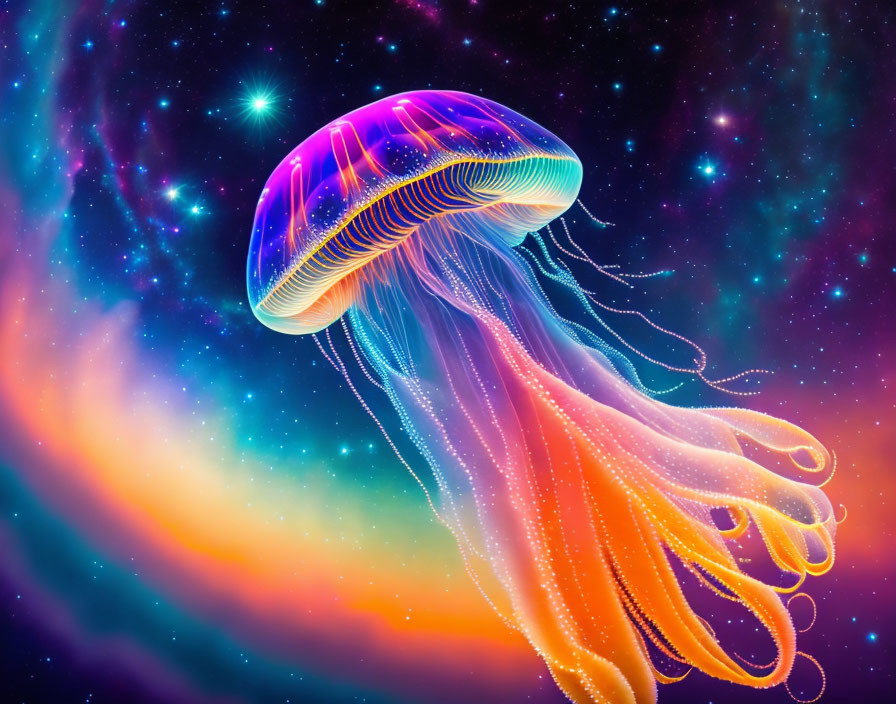 Colorful Jellyfish Digital Art Against Cosmic Background