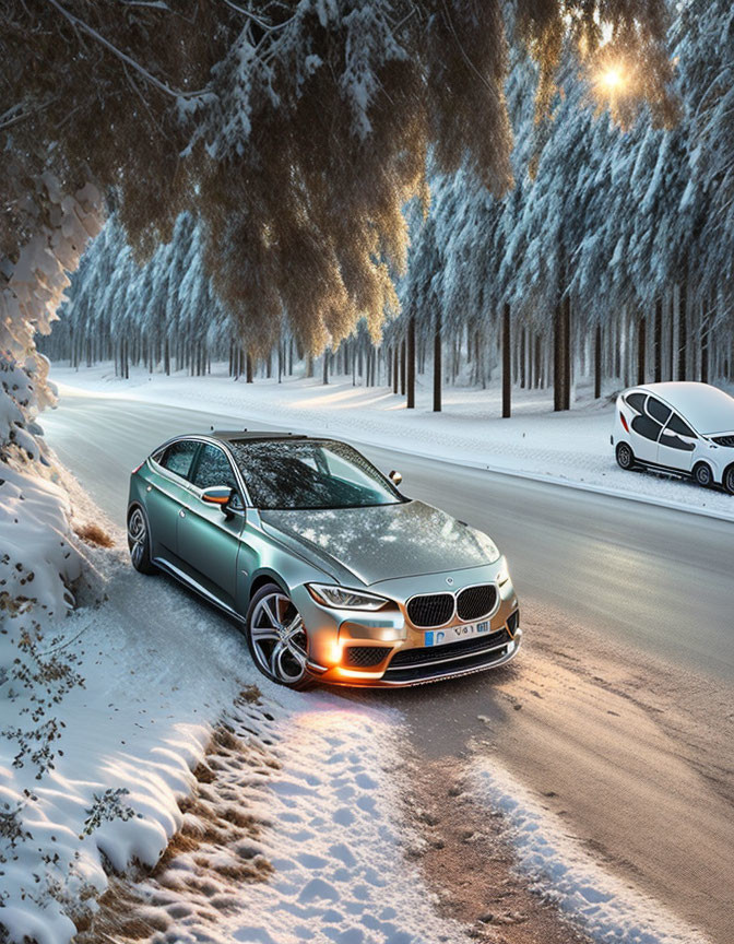 Teal Sedan on Snowy Road in Wintry Forest