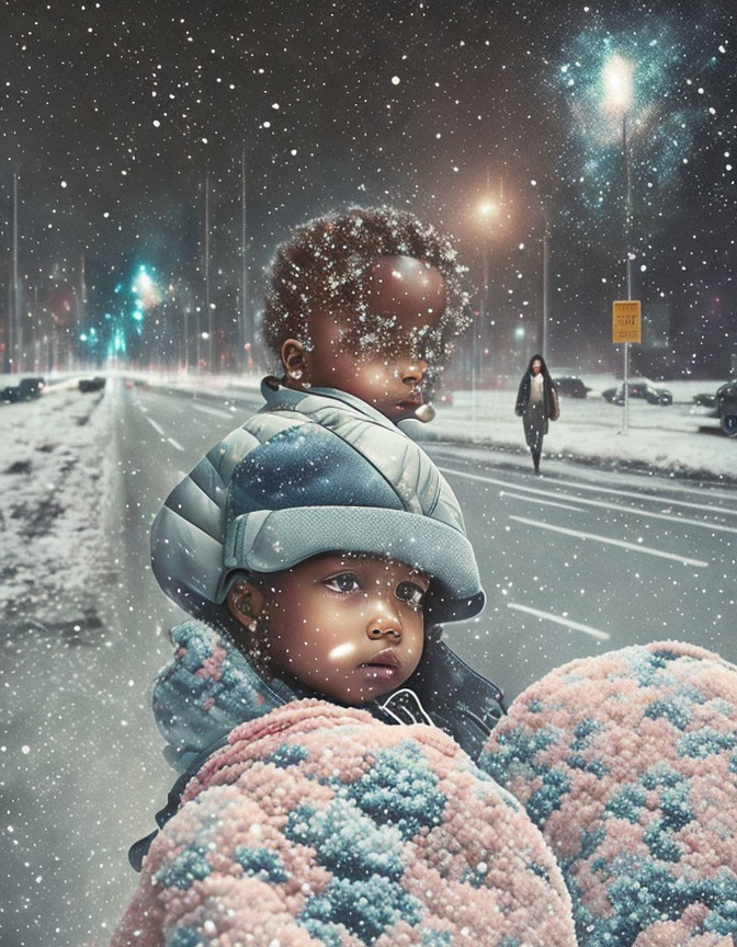 Digital artwork: Children with cosmic features in snowy urban night scene