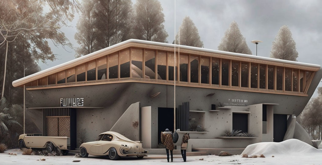 Snowy vintage car outside retro-futuristic building with "EQUINOX" signage and people