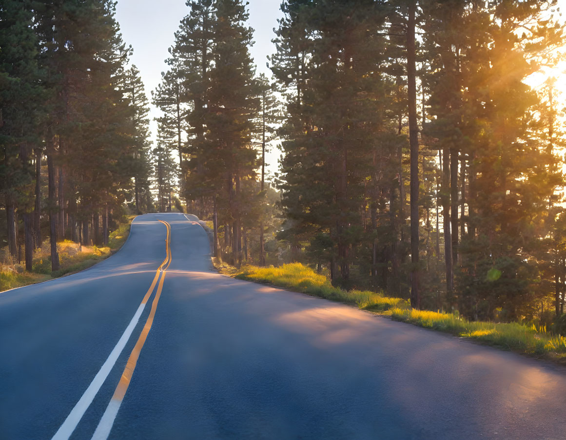 Tranquil pine forest road at sunrise