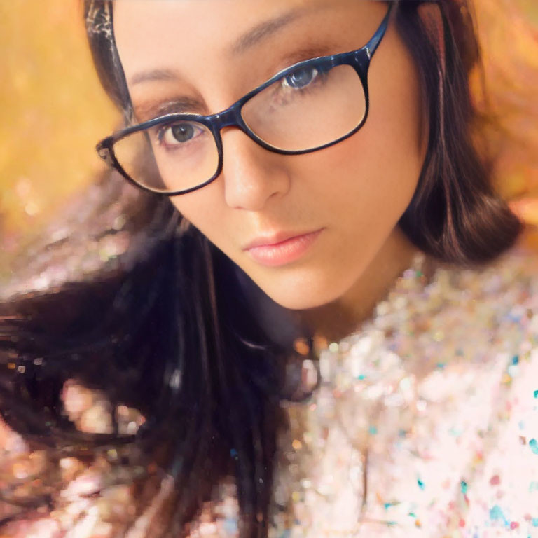 Pensive woman in glasses with warm bokeh light and sparkly outfit