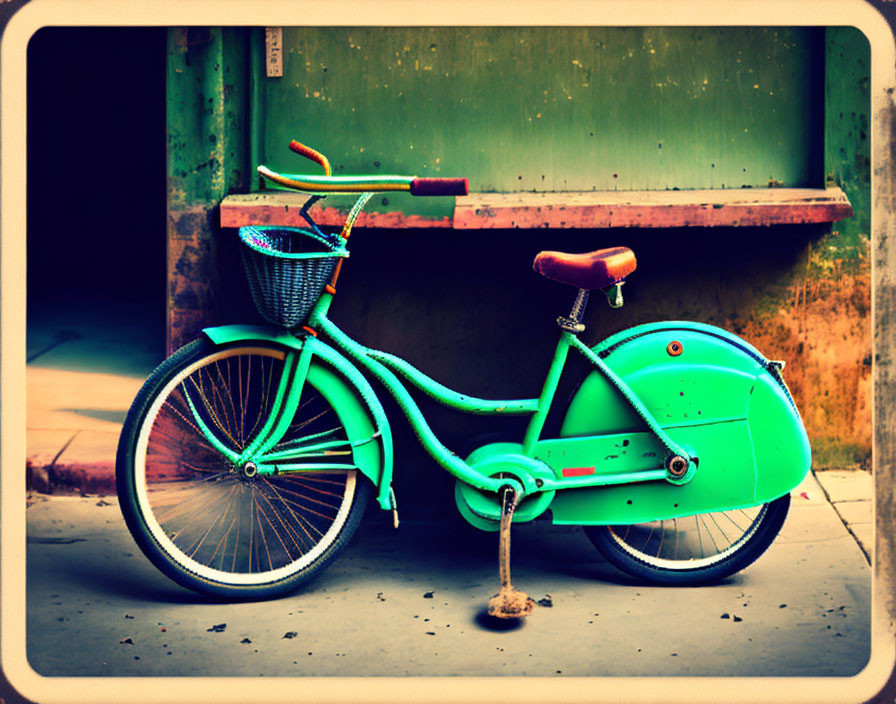 Vintage Green Bicycle with Front Basket Against Rustic Wall