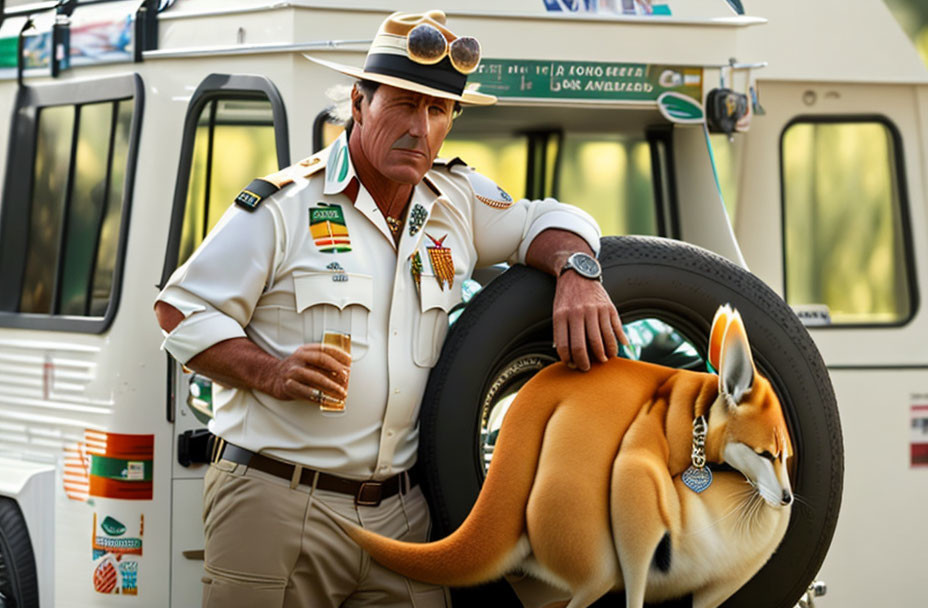 Animated sheriff with kangaroo beside patrol car