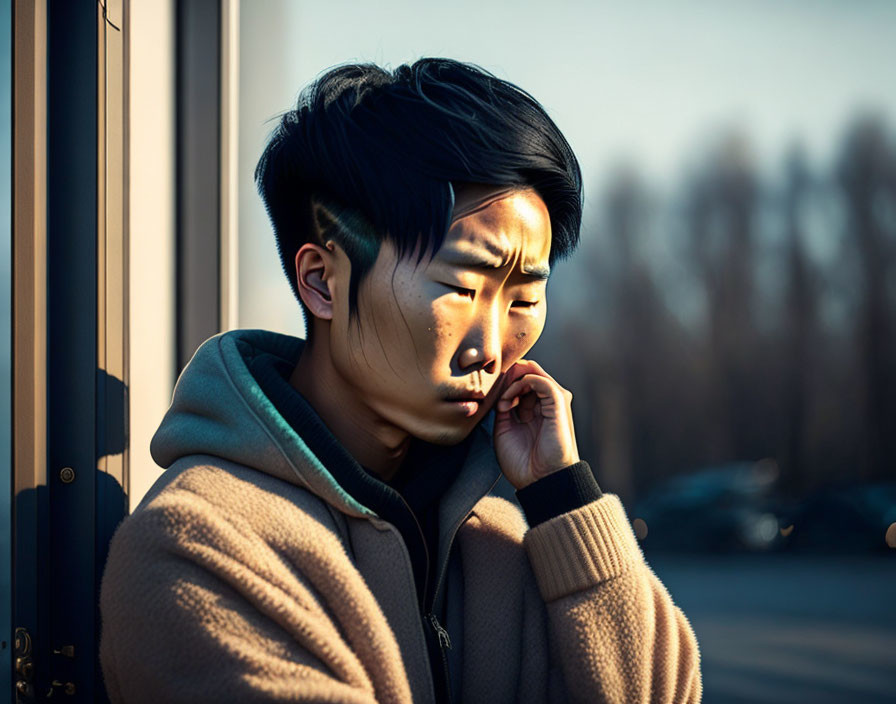 Contemplative person by window in sunlight gaze.