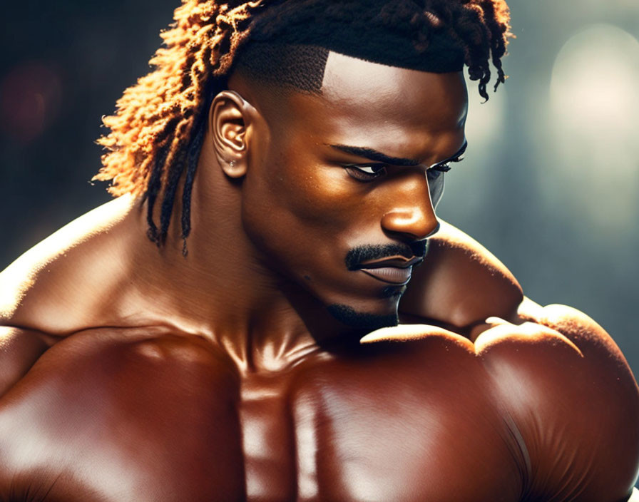 Muscular person with dreadlocks in focused pose against blurred backdrop