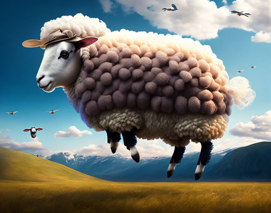 Surreal image: oversized fluffy sheep in the sky