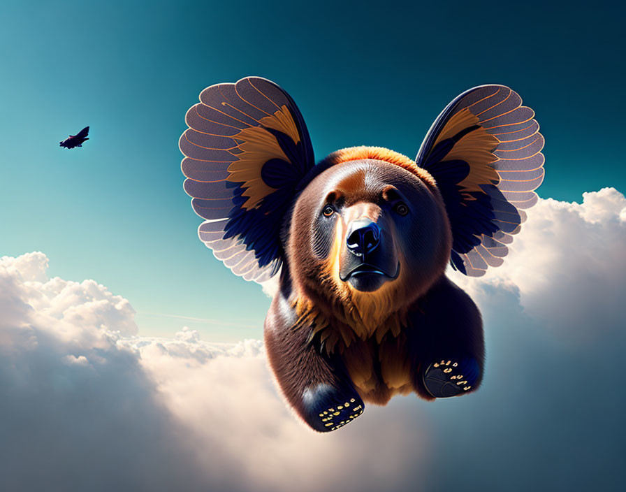 Bear with butterfly wings flying above clouds with bird silhouette in blue sky