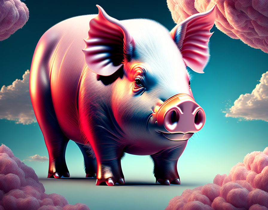 Stylized glossy pig with shiny wings in whimsical illustration