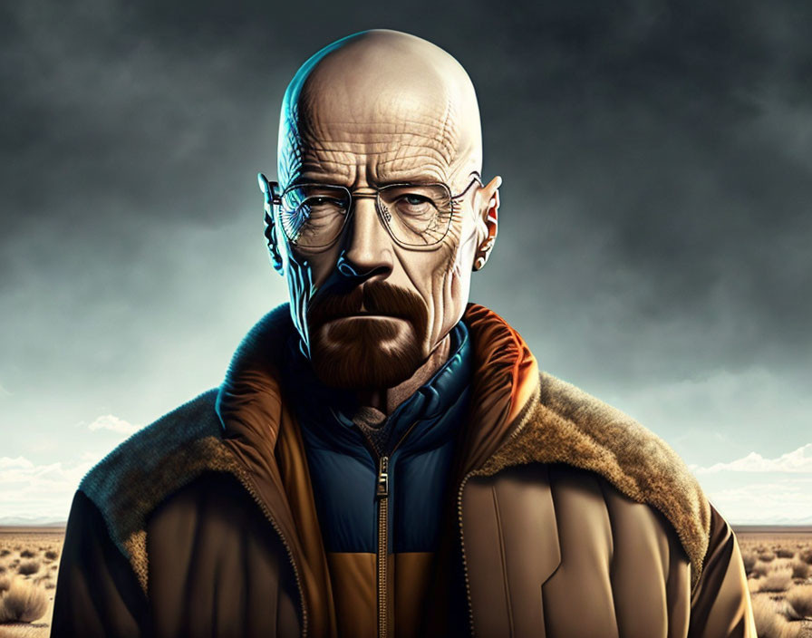 Bald Man with Glasses and Goatee in Jacket on Stormy Desert Background