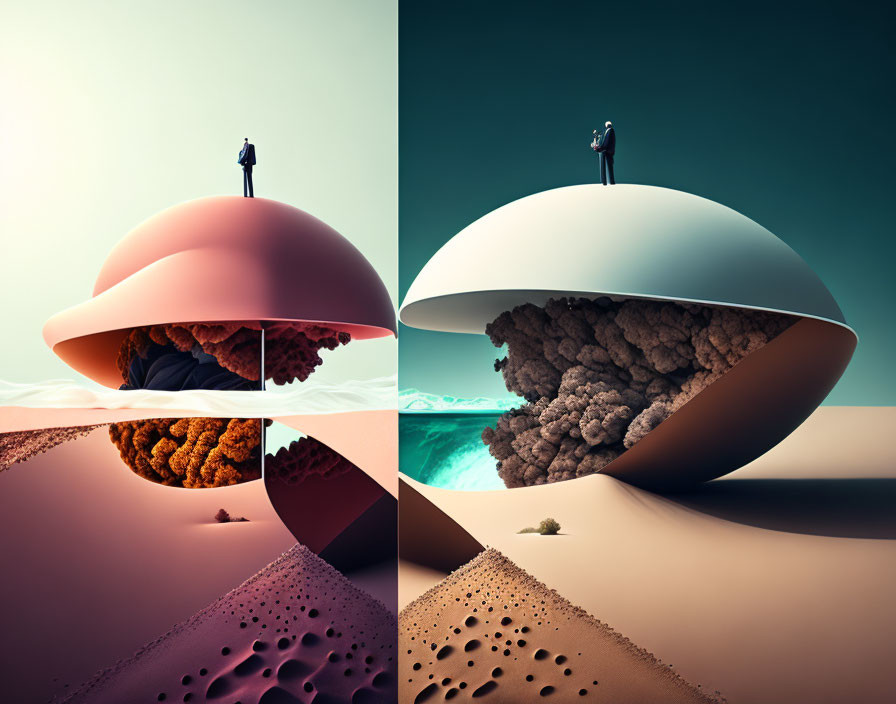 Surreal digital artwork with split spheres: desert and ocean landscapes, each with a solitary figure.