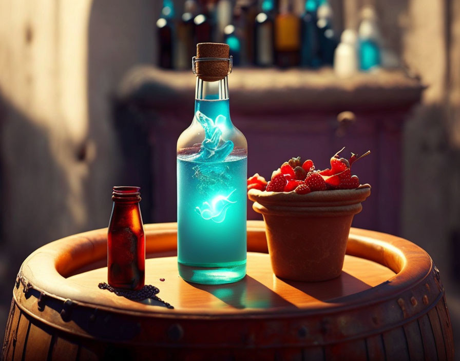 Blue and red potions with berries on wooden barrel.