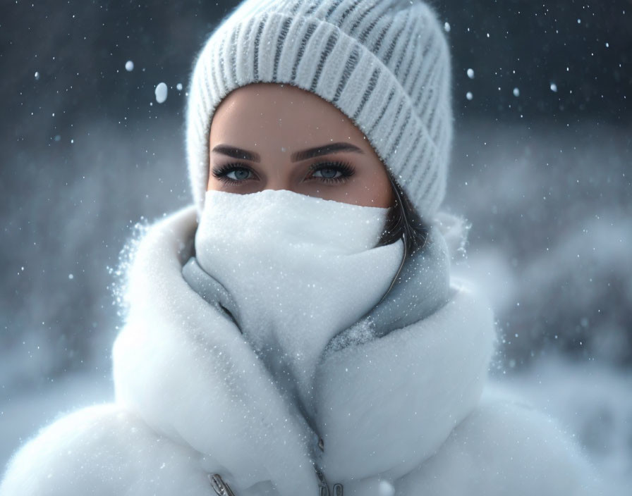 Person in White Scarf and Beanie with Striking Eyes in Snowfall