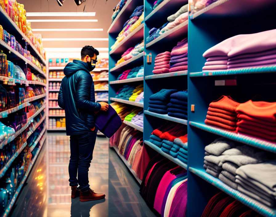 Split image: Man shopping in supermarket and colorful clothing on shelves