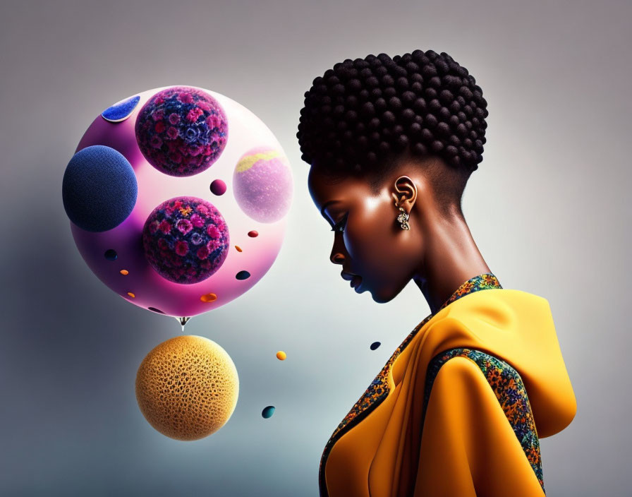 Stylish woman with afro admires cosmic orb with colorful spheres