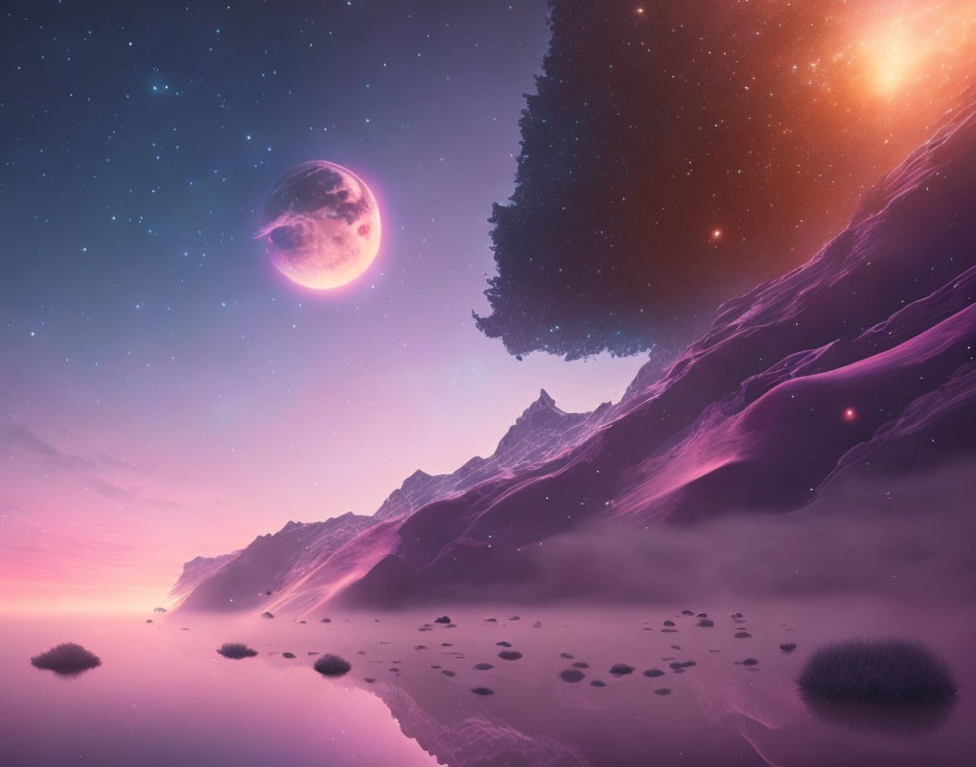 Surreal landscape with purple and pink sky and moon over mountainous terrain and reflective water.