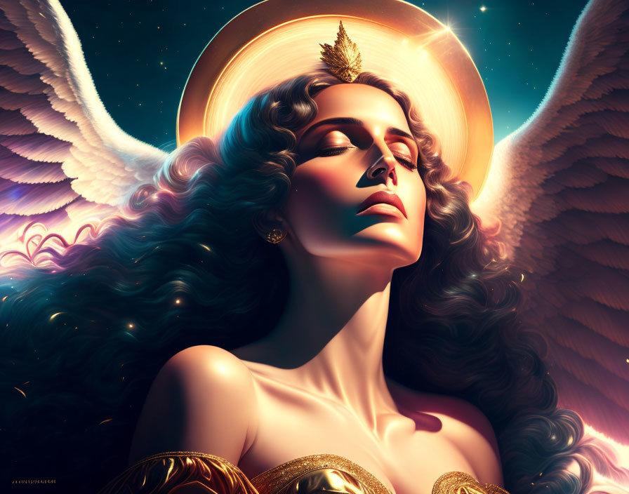 Ethereal digital artwork of angelic figure with wings and halo