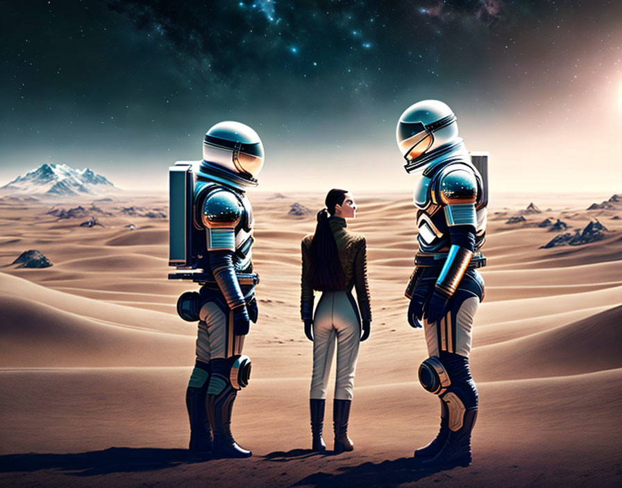 Astronauts and woman on desert planet under twilight sky