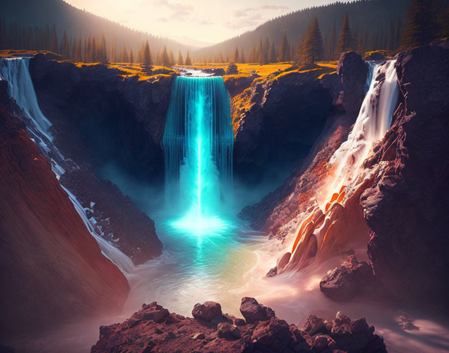 Vibrant dual waterfall in fantastical forest scene