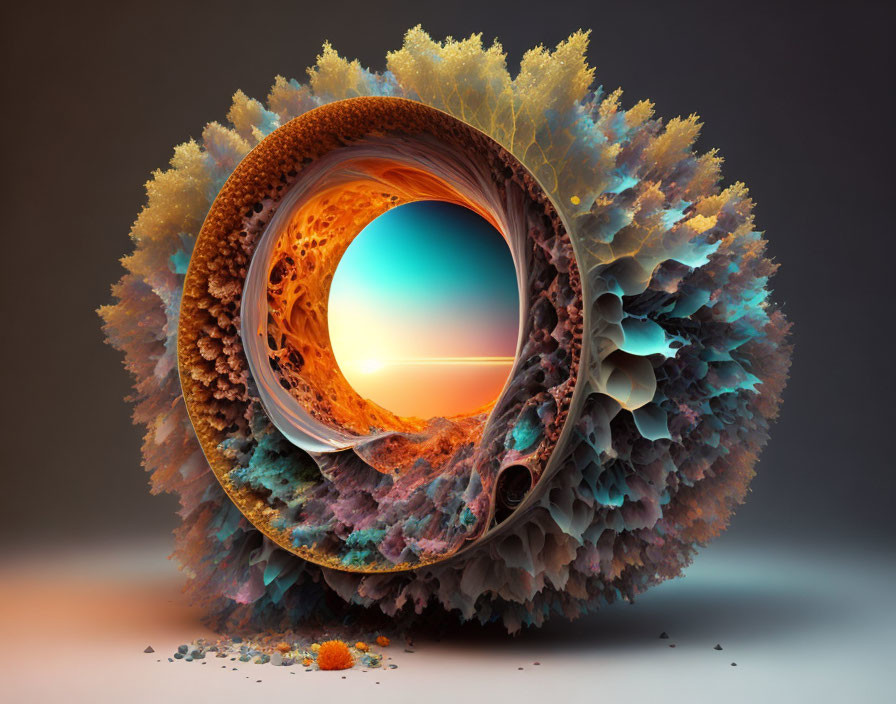 Colorful Fractal Art: Organic Rolled Structure with Surreal Landscape